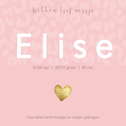 Lief geboortekaartje met strakke typografie en panterprint 3