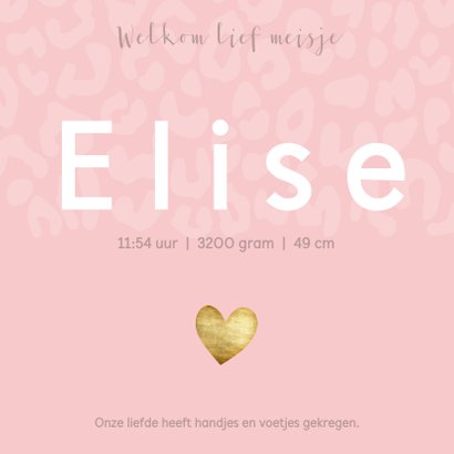 Lief geboortekaartje met strakke typografie en panterprint 3