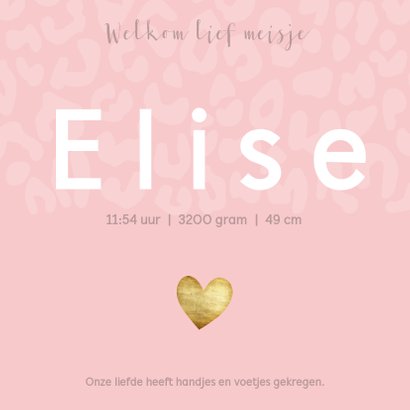 Lief geboortekaartje met strakke typografie en panterprint 3