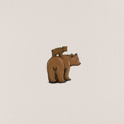 Lief geboortekaartje met tekening van beren in bruintinten Achterkant