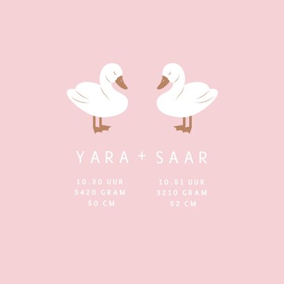 Lief geboortekaartje met twee zwaantjes roze 2