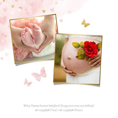Lief geboortekaartje met waterverf hartjes, vlinders en foto 2
