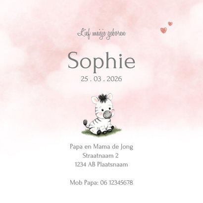 Lief geboortekaartje met zebra en roze wolken 3