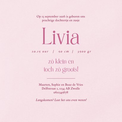 Lief geboortekaartje met zeepaardjes voor een zusje roze 3