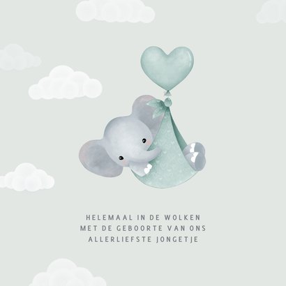 Lief geboortekaartje olifantje in draagzak, ballon & wolkjes 2