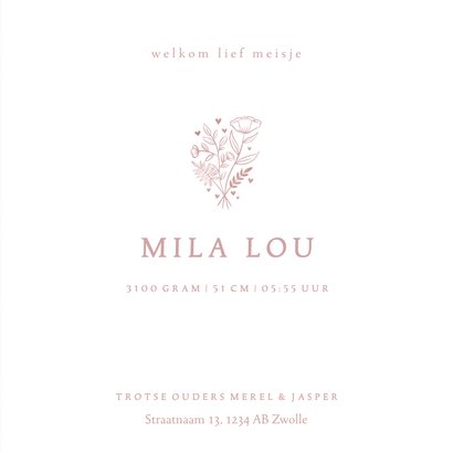 Lief geboortekaartje roze waterverf, bloemetjes en hartjes 3