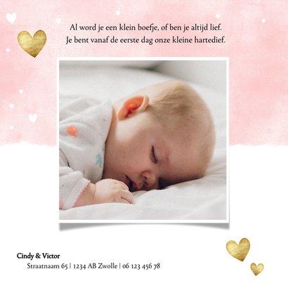 Lief geboortekaartje roze waterverf gouden hartjes 2