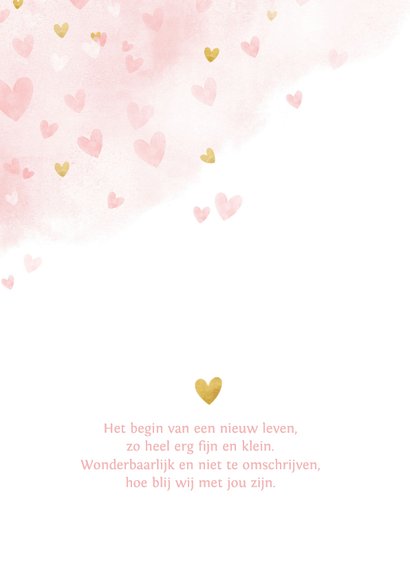 Lief geboortekaartje roze waterverf hartjes voor een meisje 2