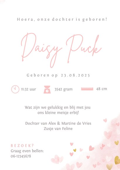 Lief geboortekaartje roze waterverf hartjes voor een meisje 3