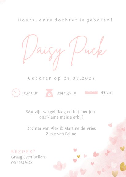 Lief geboortekaartje roze waterverf hartjes voor een meisje 3