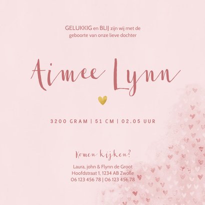 Lief geboortekaartje roze waterverf met hartjes 3