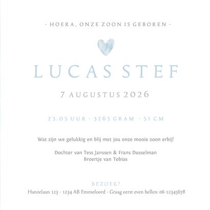 Lief geboortekaartje voor een jongen met blauw hart 3