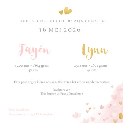 Lief geboortekaartje voor een meisjes tweeling met hartjes 3
