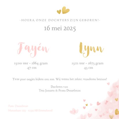 Lief geboortekaartje voor een meisjes tweeling met hartjes 3