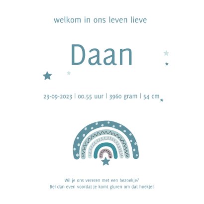 Lief geboortekaartje voor jongen met regenboog en wolk 3