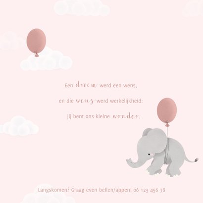 Lief geboortekaartje voor meisje olifantje aan ballon 2