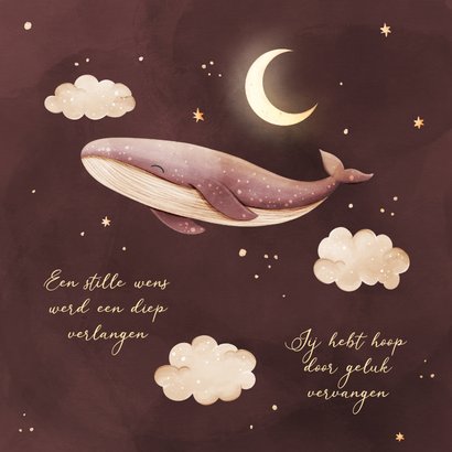 Lief geboortekaartje walvis met goudfolie sterren en maan 2