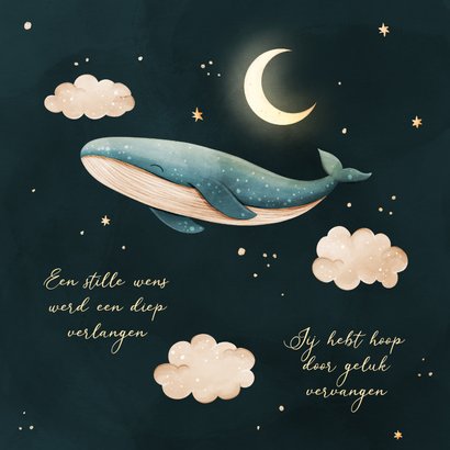 Lief geboortekaartje walvis met maan en goudfolie sterren 2