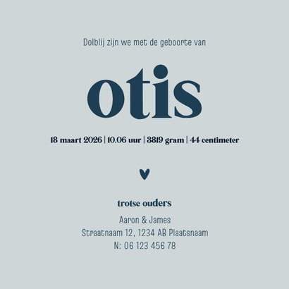 Lief geboortekaartje waterverf blauwtinten Achterkant