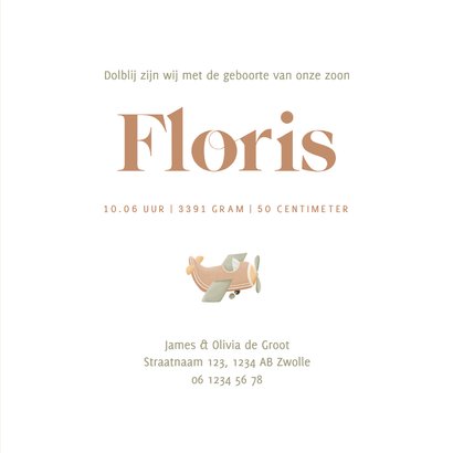 Lief geboortekaartje wit met illustratie vliegtuigje  3