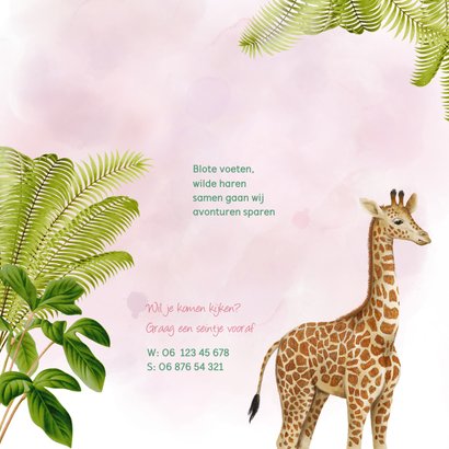 Lief jungle geboortekaartje giraffe met vogeltje 2