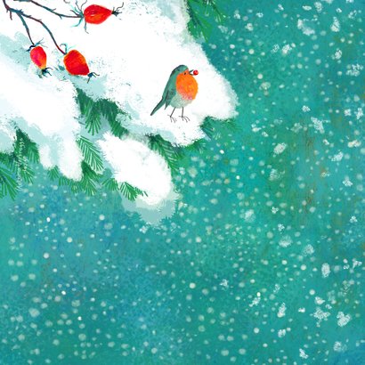 Lief kerstkaart met roodborst en kerstlampjes 2