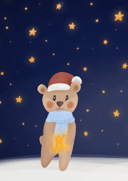 Lief kerstkaartje met beertje en sterren lichtpuntje 2