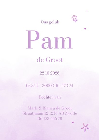 Lief pastel geboortekaartje met schelpjes en waterverf 3