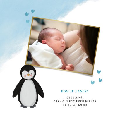 Lief pinguïn geboortekaartje met waterverf jongen 2