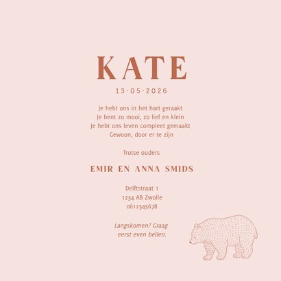 Lief roze geboortekaartje met illustratie van een beertje 3