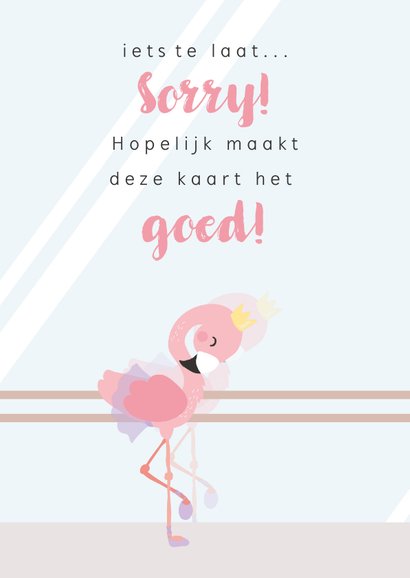 Lief roze kaartje met flamingo ballerina. oeps te laat 2