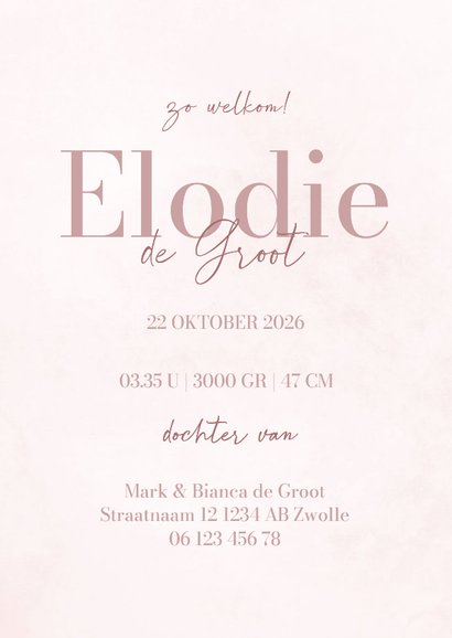 Lief staand geboortekaartje met roze strik waterverf 3