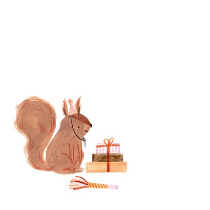 Lief verjaardagskaartje eekhoorn met cadeautjes illustratie 2