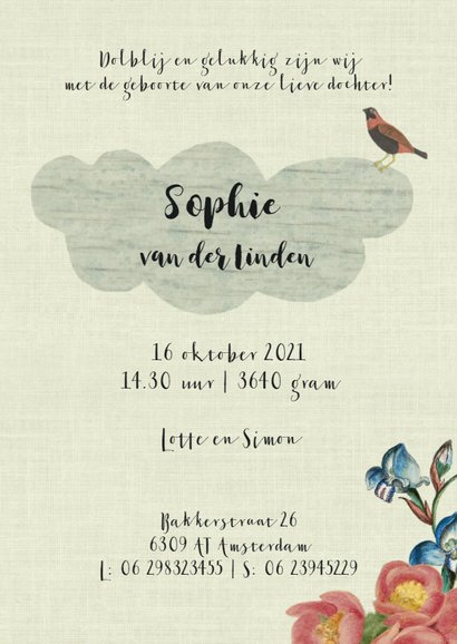 Lief vintage geboortekaartje met giraffe en bloemen 3