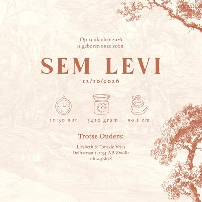 Lief vintage geboortekaartje met hertje in bos koperfolie 3