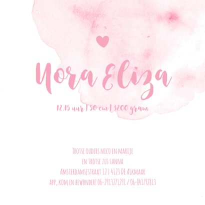 Lief waterverf vierkant geboortekaartje in het roze 3
