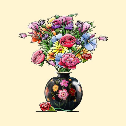 Liefdekaart met een pinguïns en vaas met bloemen 2