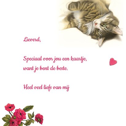 Liefdeskaart met liggende kat, bloemen en hartjes 3