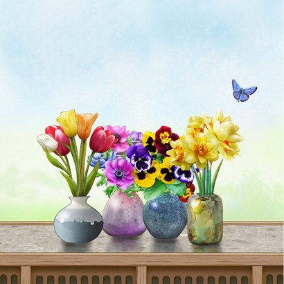 Liefdevolle bloemenkaart met 4 vaasjes met lentebloemen 2
