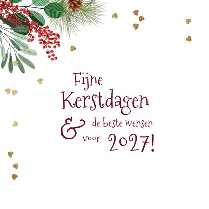 Liefdevolle kerstkaart houten hart op velvet rood botanisch 2