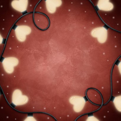 Liefdevolle kerstkaart kerstlampjes hartjes & typografie Achterkant