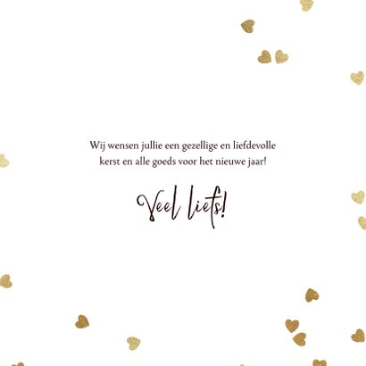 Liefdevolle kerstkaart met hart sterretjes en spetters goud 3