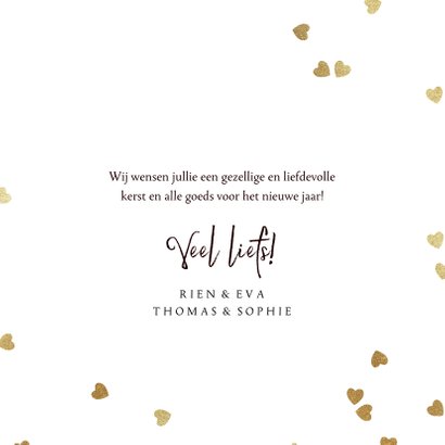 Liefdevolle kerstkaart met hart sterretjes en spetters goud 3