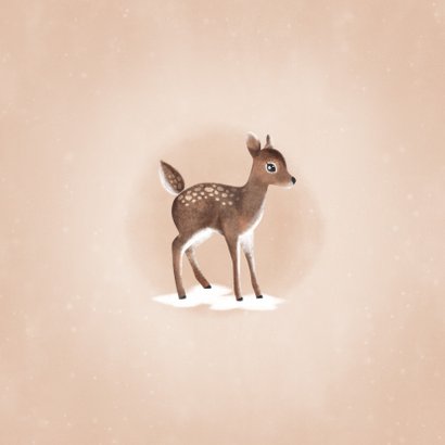 Liefdevolle, warme kerstkaart met hertje, hartje en sneeuw Achterkant
