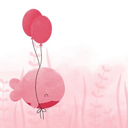 Liefs kaartje roze walvis met ballonnen en waterverf 2