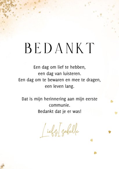 Lieve bedankkaart eerste communie hartjes goud watercolour 3