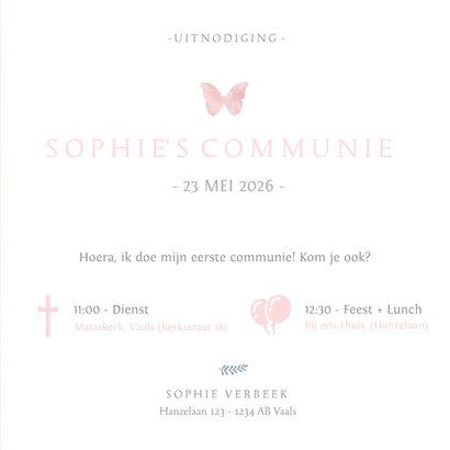 Lieve communiekaart met een roze silhouet van een vlinder 3