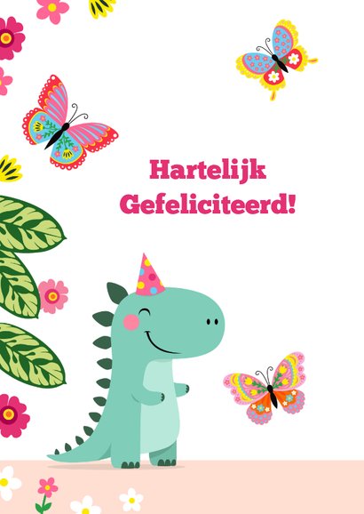 Lieve dinosaurus verjaardagskaart met vlinders en bloemen. 2