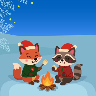 Lieve en grappige kerstkaart met dieren bij kampvuur 2