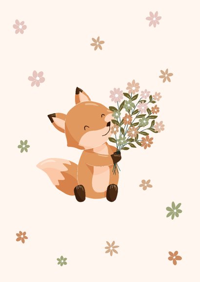 Lieve felicitatiekaart met vosje en boeket bloemen 2